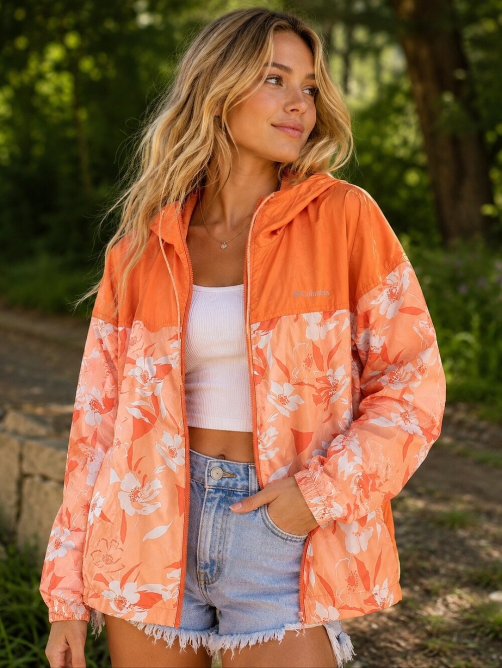 Columbia Orange Floral Packable Hooded Windbreaker Jacket Medium